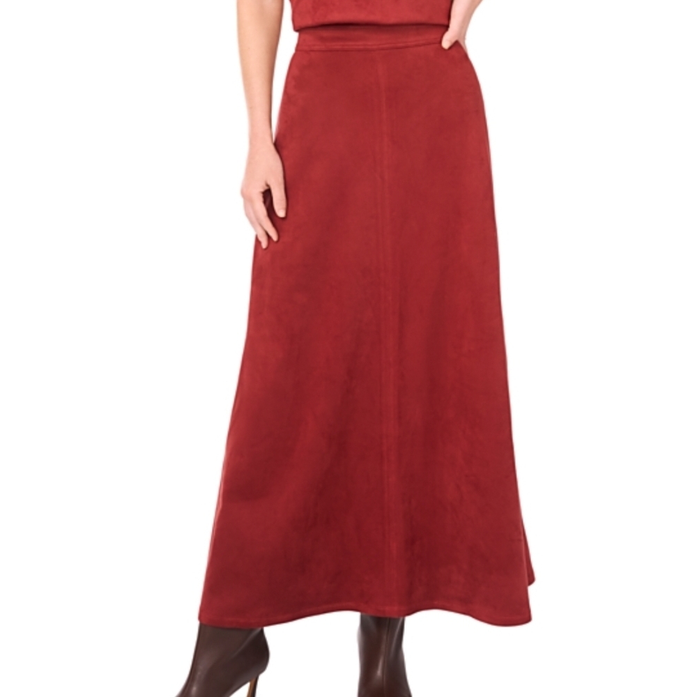Women's Red Suede Maxi Skirt - Elegant A-Line Design